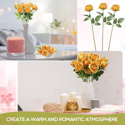 50 Pcs Artificial Rose Flower Bulk Realistic Silk Fake Roses with Long Stem Plastic Artificial Flower Bouquet Real Looking for Home Wedding Centerpieces Party Decoration(Beige Champagne)