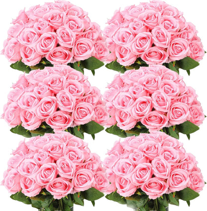 50 Pcs Artificial Rose Flower Bulk Realistic Silk Fake Roses with Long Stem Plastic Artificial Flower Bouquet Real Looking for Home Wedding Centerpieces Party Decoration(Beige Champagne)