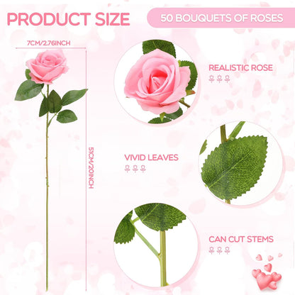 50 Pcs Artificial Rose Flower Bulk Realistic Silk Fake Roses with Long Stem Plastic Artificial Flower Bouquet Real Looking for Home Wedding Centerpieces Party Decoration(Beige Champagne)