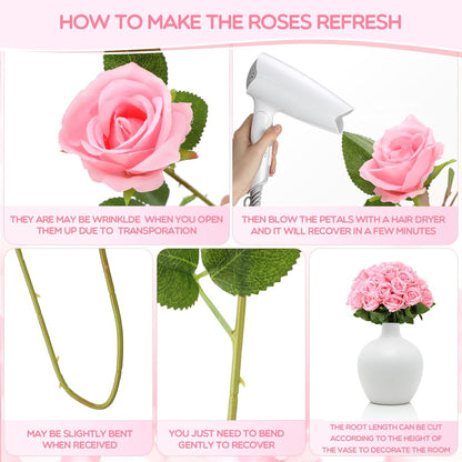 50 Pcs Artificial Rose Flower Bulk Realistic Silk Fake Roses with Long Stem Plastic Artificial Flower Bouquet Real Looking for Home Wedding Centerpieces Party Decoration(Beige Champagne)