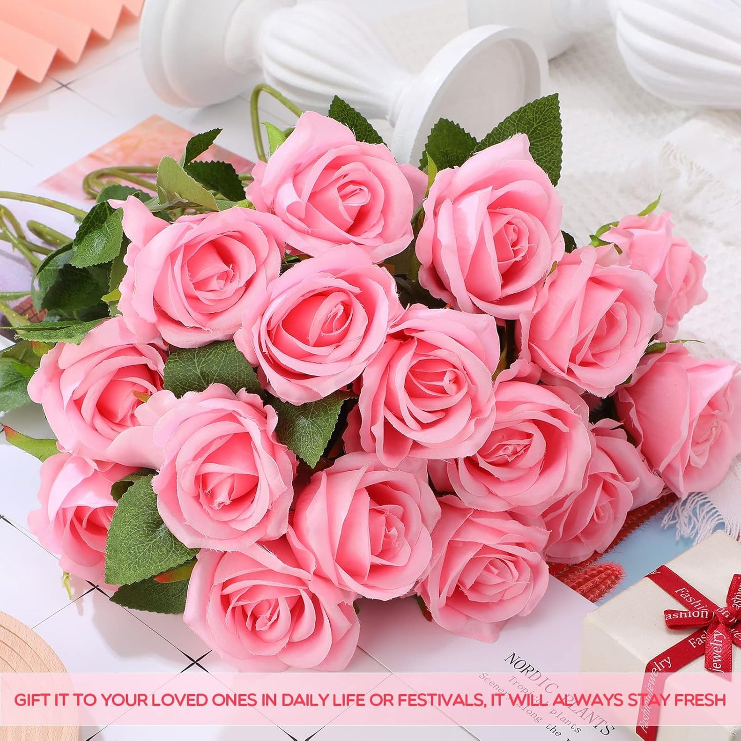 50 Pcs Artificial Rose Flower Bulk Realistic Silk Fake Roses with Long Stem Plastic Artificial Flower Bouquet Real Looking for Home Wedding Centerpieces Party Decoration(Beige Champagne)