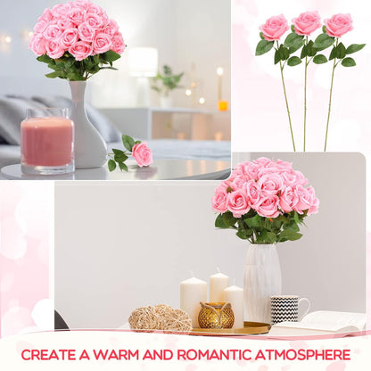 50 Pcs Artificial Rose Flower Bulk Realistic Silk Fake Roses with Long Stem Plastic Artificial Flower Bouquet Real Looking for Home Wedding Centerpieces Party Decoration(Beige Champagne)