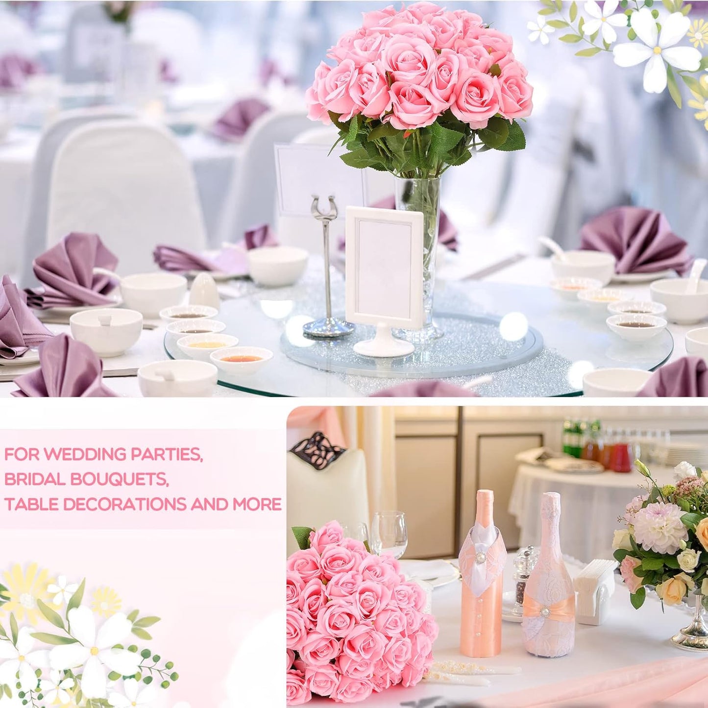 50 Pcs Artificial Rose Flower Bulk Realistic Silk Fake Roses with Long Stem Plastic Artificial Flower Bouquet Real Looking for Home Wedding Centerpieces Party Decoration(Beige Champagne)
