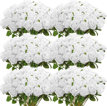 50 Pcs Artificial Rose Flower Bulk Realistic Silk Fake Roses with Long Stem Plastic Artificial Flower Bouquet Real Looking for Home Wedding Centerpieces Party Decoration(Beige Champagne)