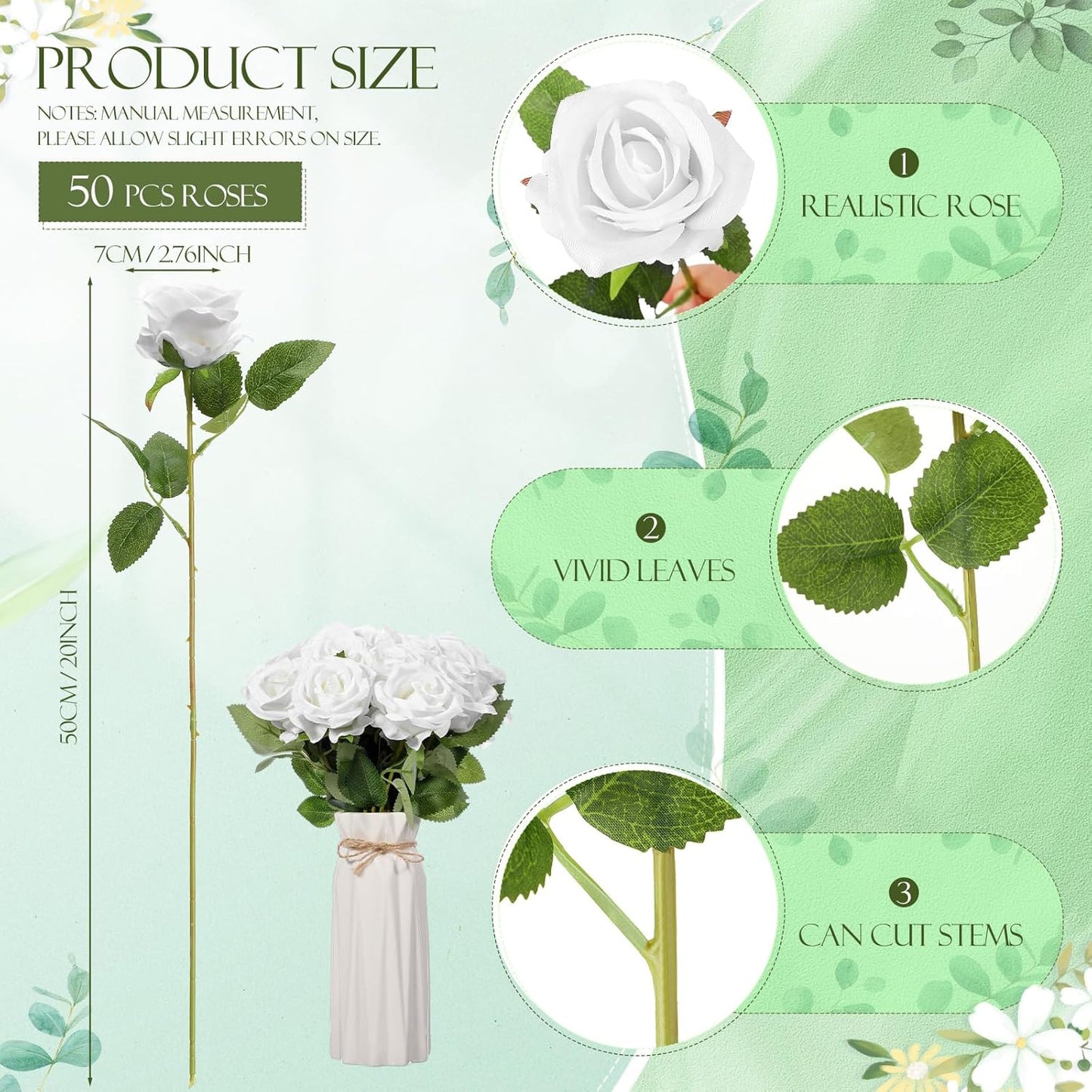 50 Pcs Artificial Rose Flower Bulk Realistic Silk Fake Roses with Long Stem Plastic Artificial Flower Bouquet Real Looking for Home Wedding Centerpieces Party Decoration(Beige Champagne)