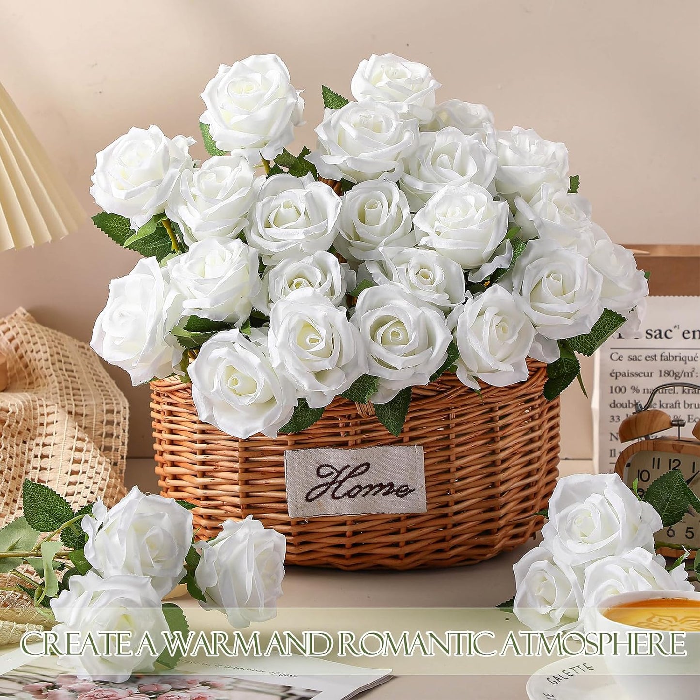 50 Pcs Artificial Rose Flower Bulk Realistic Silk Fake Roses with Long Stem Plastic Artificial Flower Bouquet Real Looking for Home Wedding Centerpieces Party Decoration(Beige Champagne)