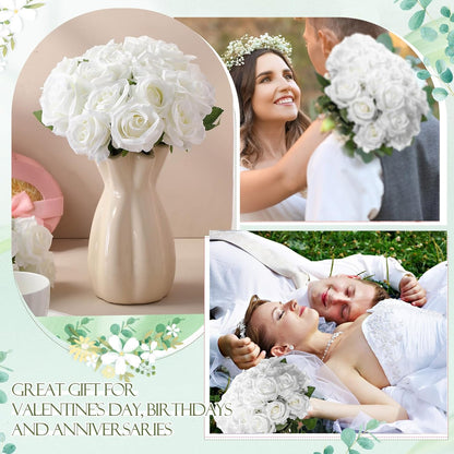 50 Pcs Artificial Rose Flower Bulk Realistic Silk Fake Roses with Long Stem Plastic Artificial Flower Bouquet Real Looking for Home Wedding Centerpieces Party Decoration(Beige Champagne)