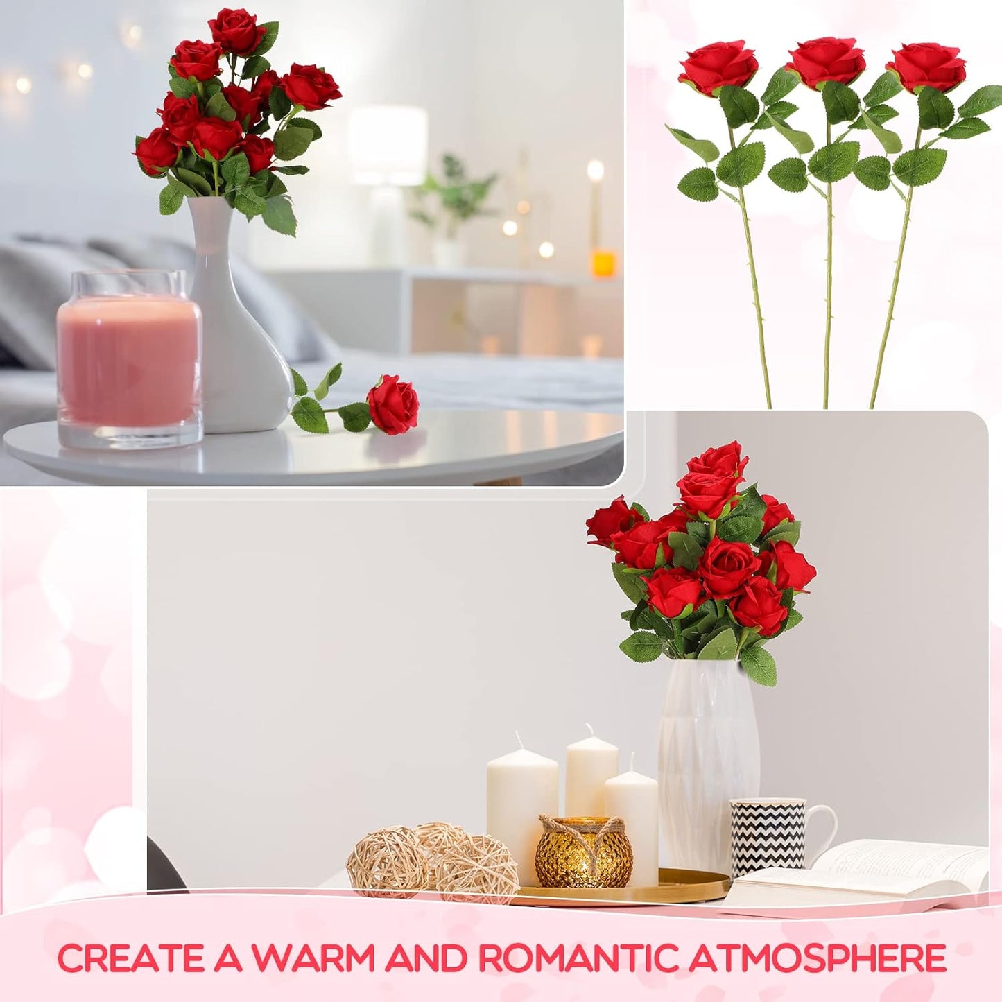 50 Pcs Artificial Rose Flower Bulk Realistic Silk Fake Roses with Long Stem Plastic Artificial Flower Bouquet Real Looking for Home Wedding Centerpieces Party Decoration(Beige Champagne)