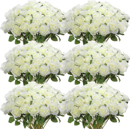50 Pcs Artificial Rose Flower Bulk Realistic Silk Fake Roses with Long Stem Plastic Artificial Flower Bouquet Real Looking for Home Wedding Centerpieces Party Decoration(Beige Champagne)
