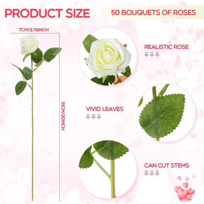50 Pcs Artificial Rose Flower Bulk Realistic Silk Fake Roses with Long Stem Plastic Artificial Flower Bouquet Real Looking for Home Wedding Centerpieces Party Decoration(Beige Champagne)
