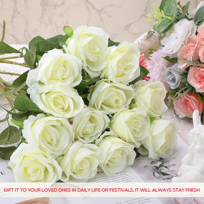 50 Pcs Artificial Rose Flower Bulk Realistic Silk Fake Roses with Long Stem Plastic Artificial Flower Bouquet Real Looking for Home Wedding Centerpieces Party Decoration(Beige Champagne)