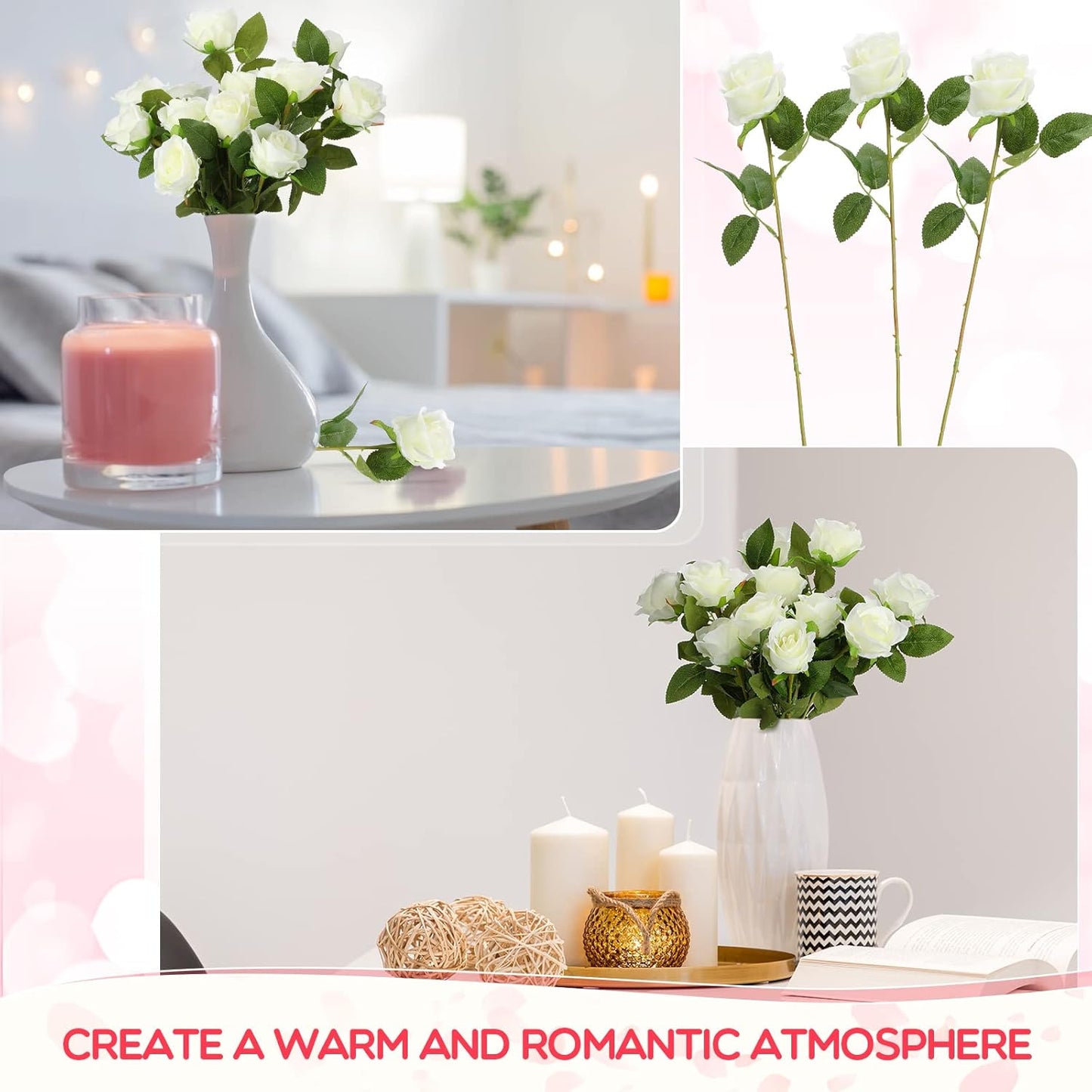 50 Pcs Artificial Rose Flower Bulk Realistic Silk Fake Roses with Long Stem Plastic Artificial Flower Bouquet Real Looking for Home Wedding Centerpieces Party Decoration(Beige Champagne)