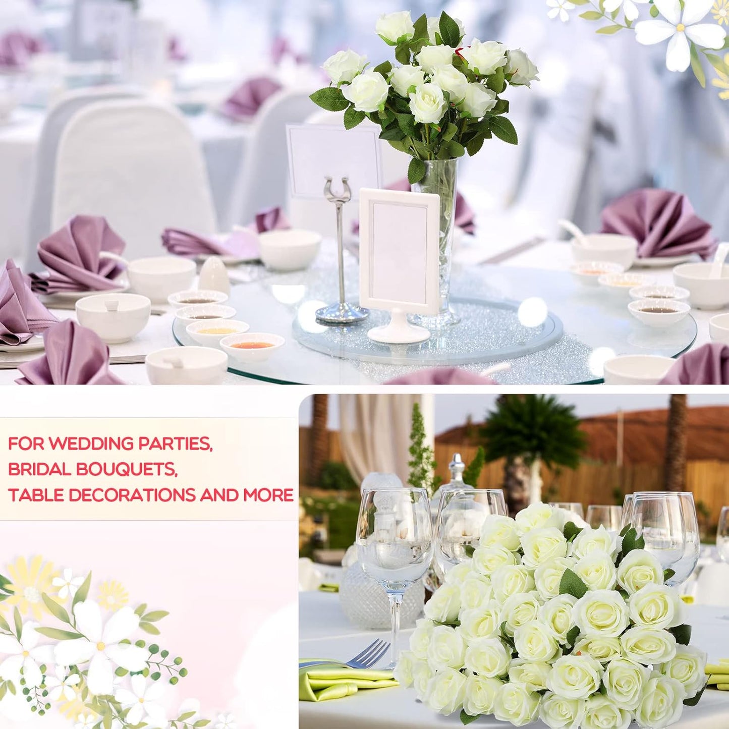50 Pcs Artificial Rose Flower Bulk Realistic Silk Fake Roses with Long Stem Plastic Artificial Flower Bouquet Real Looking for Home Wedding Centerpieces Party Decoration(Beige Champagne)