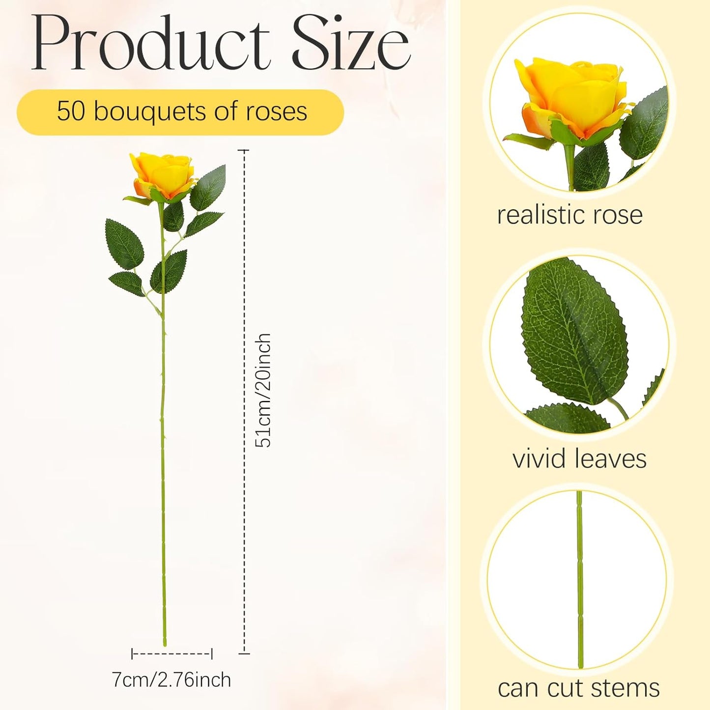 50 Pcs Artificial Rose Flower Bulk Realistic Silk Fake Roses with Long Stem Plastic Artificial Flower Bouquet Real Looking for Home Wedding Centerpieces Party Decoration(Beige Champagne)