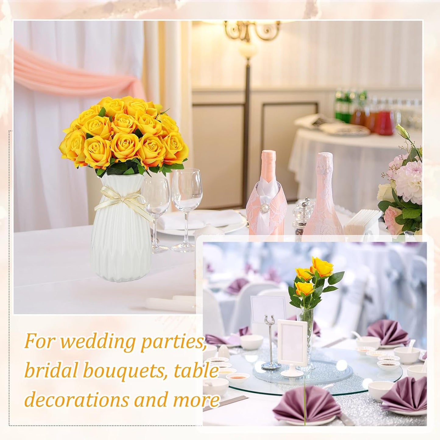 50 Pcs Artificial Rose Flower Bulk Realistic Silk Fake Roses with Long Stem Plastic Artificial Flower Bouquet Real Looking for Home Wedding Centerpieces Party Decoration(Beige Champagne)