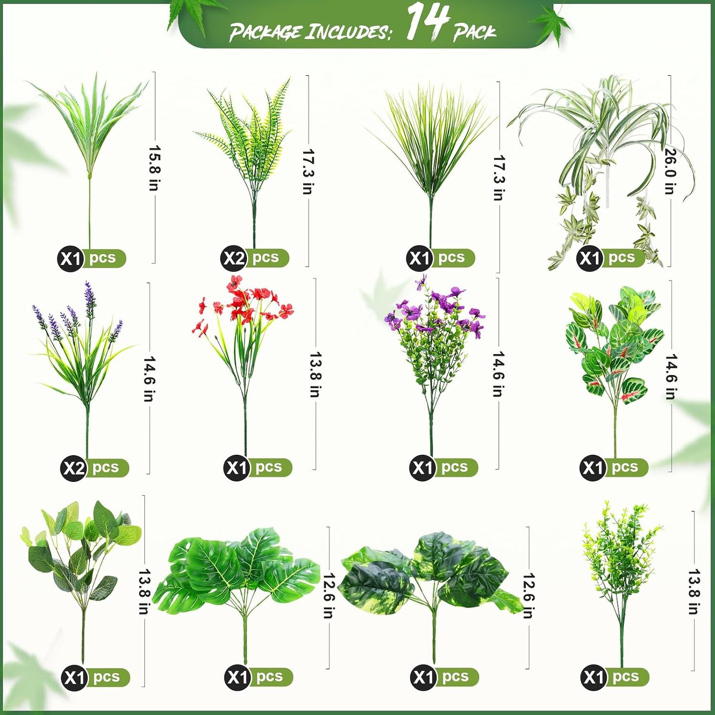 14 Bundles Artificial Plants Flower Outdoor, UV Resistant Faux Greenery with Flowers & Cascading Vines, Fake Plants for Planters, Window Boxes, Hanging Baskets & Garden Decor