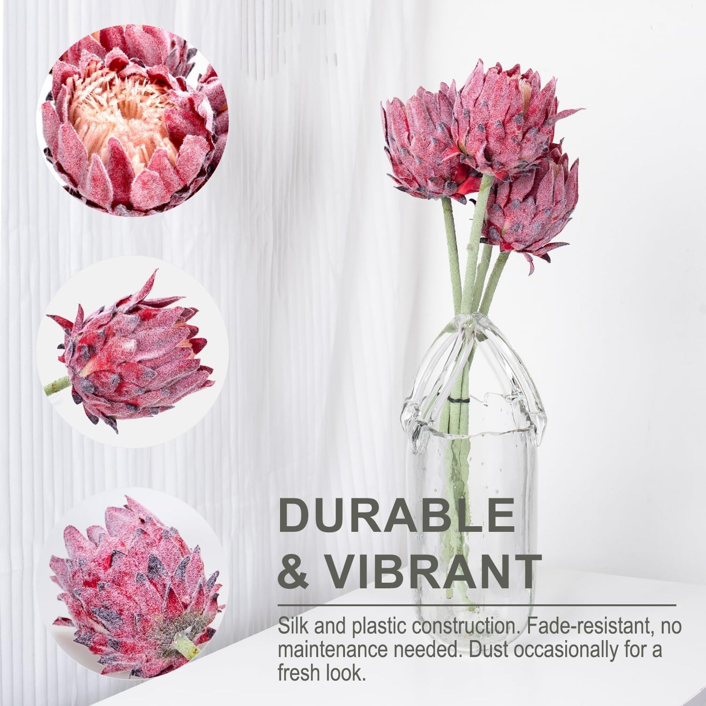 4 Pack Artificial King Protea Flowers – Lifelike Tropical Floral Arrangements for Wedding Centerpiece & Home Decor, Faux Protea Cynaroides with Stems for Office, Party & Table Displays