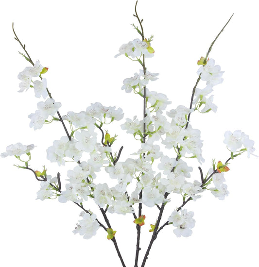 3 Pcs Artificial Cherry Blossom Branches Flowers White Silk Peach Flowers Bulk Faux Spring Branches Arrangement Fake Cherry Stems for Indoor Outdoor Party DIY Wedding Table Vase Decor