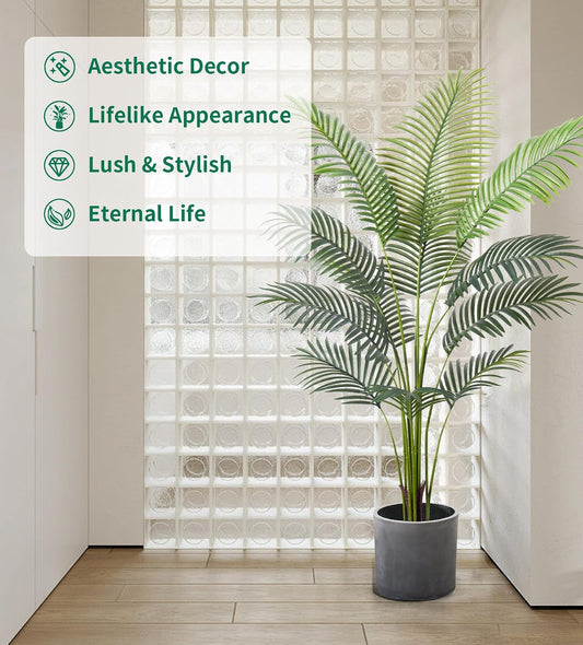 Artificial Golden Cane Palm Tree 5Feet Faux Plant for Home Decor Indoor Outdoor Faux Areca Palm Tree in Pot for Home Office Perfect Housewarming Gift with Adjustable Trunk