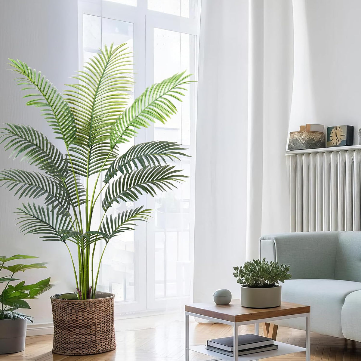 Artificial Golden Cane Palm Tree 5Feet Faux Plant for Home Decor Indoor Outdoor Faux Areca Palm Tree in Pot for Home Office Perfect Housewarming Gift with Adjustable Trunk