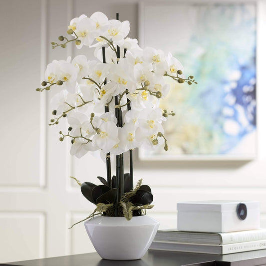 Potted Faux Artificial Flowers Arrangements Realistic White Phalaenopsis Orchid in White Ceramic Pot for Home Decoration Living Room Office Bedroom Bathroom Kitchen 29" High
