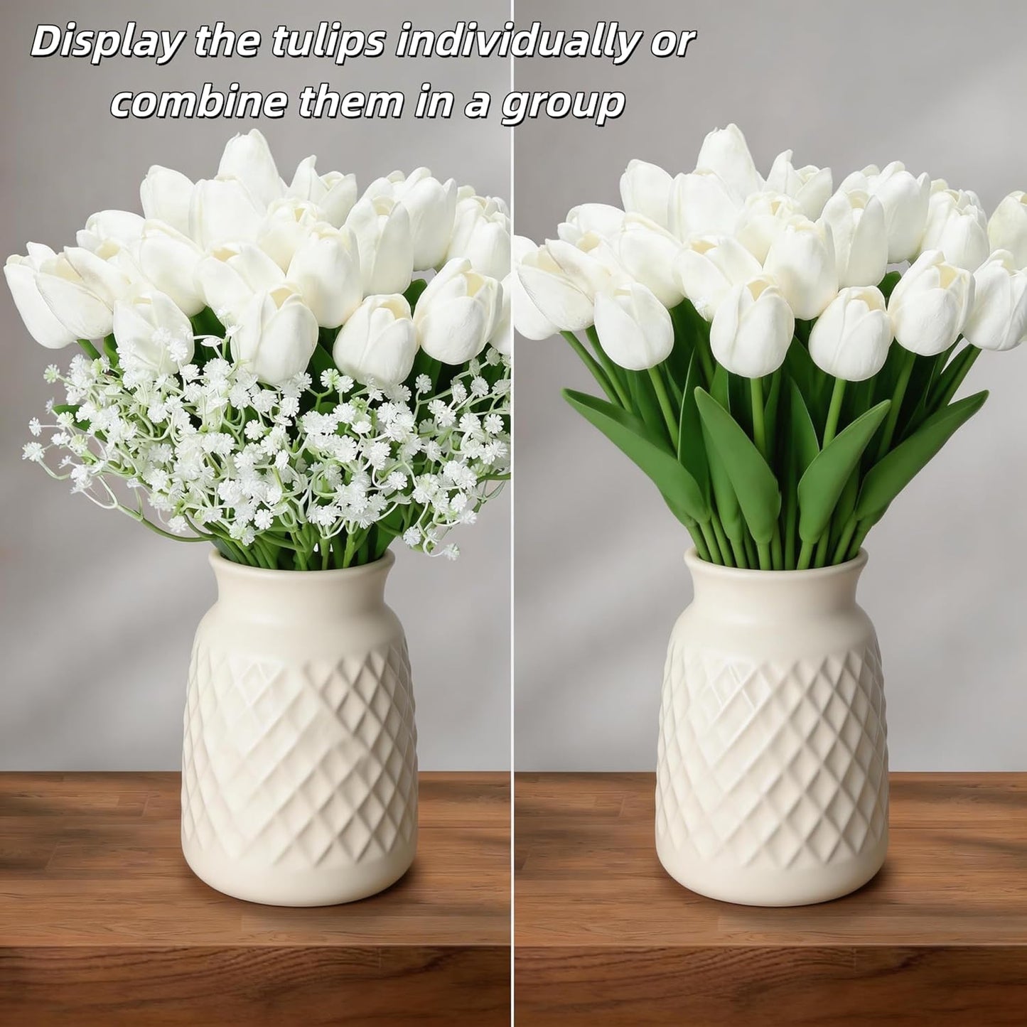 40PCS Tulip Artificial Flowers Babysbreath, 13" PU Tulip Fake Flowers for Vase Home Bedroom Dining Room Living Room Table Decor DIY Floral Decoration