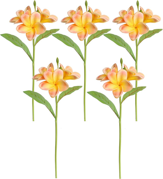 5PCS PU Real Touch Lifelike Artificial Plumeria Frangipani Flower Stems Wedding Home Party Spring Flowers Decoration (Orange Pink)