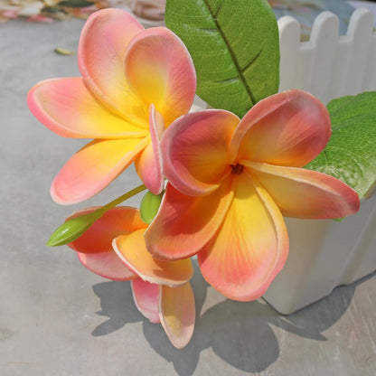 5PCS PU Real Touch Lifelike Artificial Plumeria Frangipani Flower Stems Wedding Home Party Spring Flowers Decoration (Orange Pink)