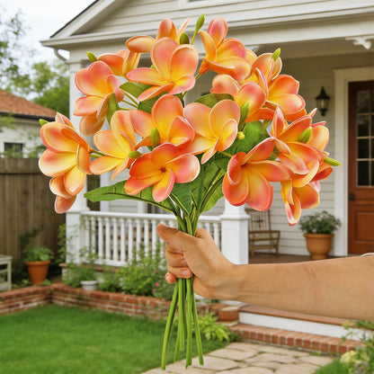 5PCS PU Real Touch Lifelike Artificial Plumeria Frangipani Flower Stems Wedding Home Party Spring Flowers Decoration (Orange Pink)