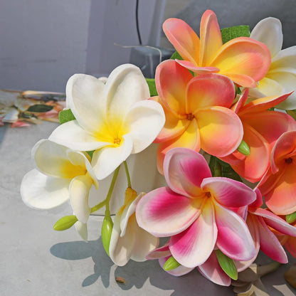 5PCS PU Real Touch Lifelike Artificial Plumeria Frangipani Flower Stems Wedding Home Party Spring Flowers Decoration (Orange Pink)