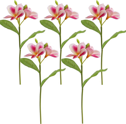 5PCS PU Real Touch Lifelike Artificial Plumeria Frangipani Flower Stems Wedding Home Party Spring Flowers Decoration (Orange Pink)