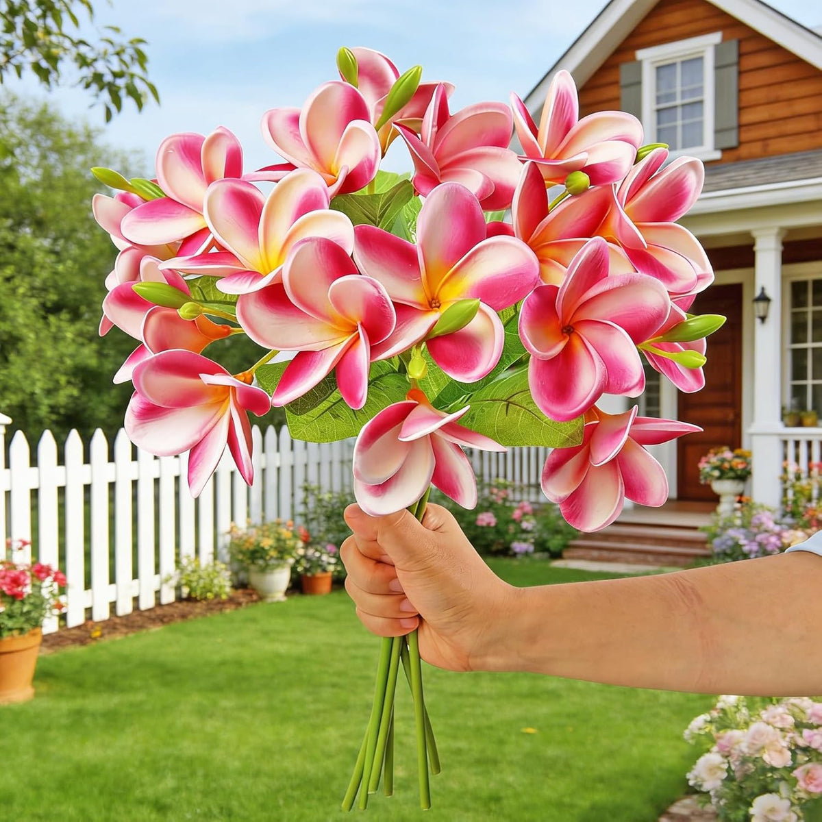 5PCS PU Real Touch Lifelike Artificial Plumeria Frangipani Flower Stems Wedding Home Party Spring Flowers Decoration (Orange Pink)