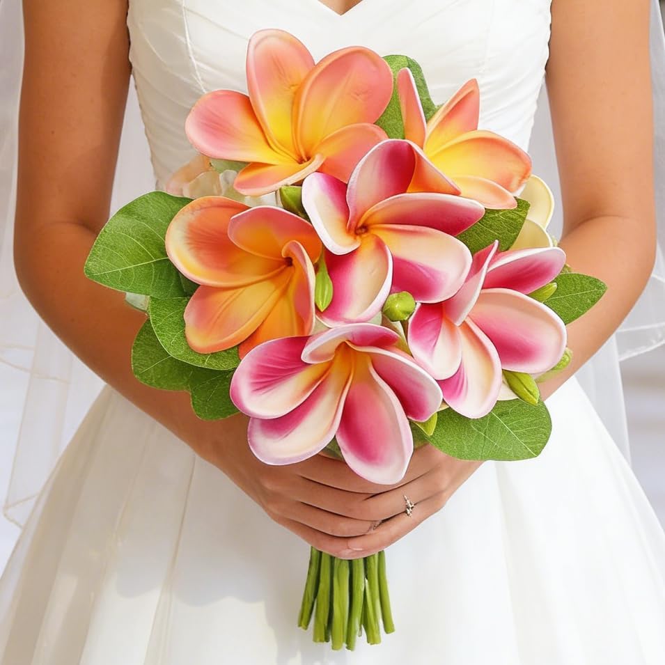 5PCS PU Real Touch Lifelike Artificial Plumeria Frangipani Flower Stems Wedding Home Party Spring Flowers Decoration (Orange Pink)
