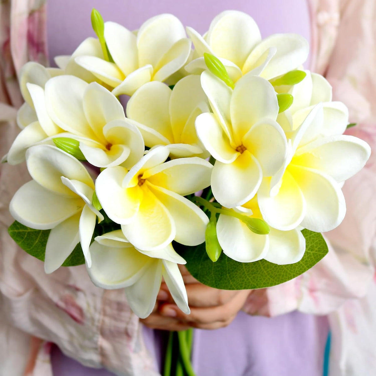 5PCS PU Real Touch Lifelike Artificial Plumeria Frangipani Flower Stems Wedding Home Party Spring Flowers Decoration (Orange Pink)