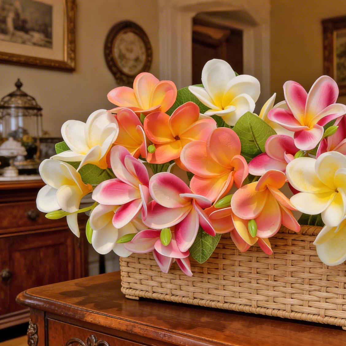 5PCS PU Real Touch Lifelike Artificial Plumeria Frangipani Flower Stems Wedding Home Party Spring Flowers Decoration (Orange Pink)