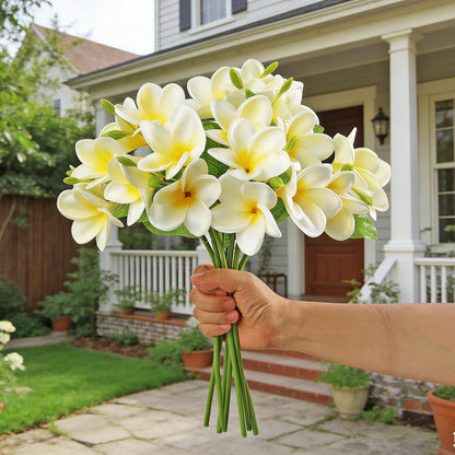 5PCS PU Real Touch Lifelike Artificial Plumeria Frangipani Flower Stems Wedding Home Party Spring Flowers Decoration (Orange Pink)