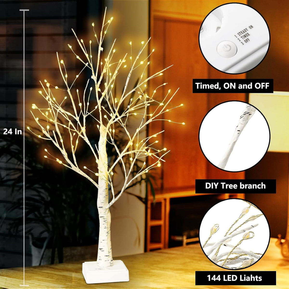 144 LED Birch Tree Lights,Tabletop Bonsai Fairy Light Spirit Tree,DIY Artificial Tree Lamp with Timer USB/Battery Powered for Bedroom Christmas Home, Wedding, Holiday Decor (Warm White)
