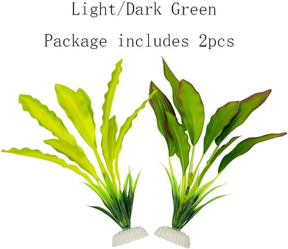 2pcs Set Green Artificial Plant Fish Tank Decor Aquarium Decorations Betta Leaf pad Hammock 8inch Silk/Plastic Plant Goldfish Fish Bowl Small Tank Plants (Green-2pcs-Set)