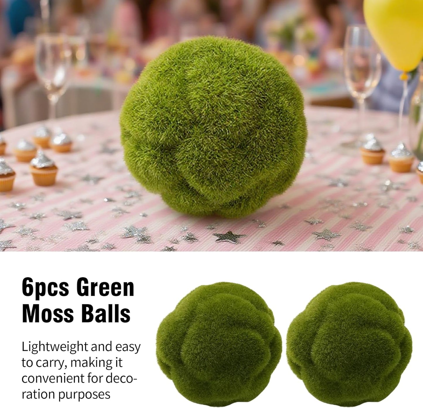 6 PCS Green Moss Ball Decorations, Simulated Moss Balls, Artificial Plant Decorations, Suitable for Garden Wedding Party Decorations