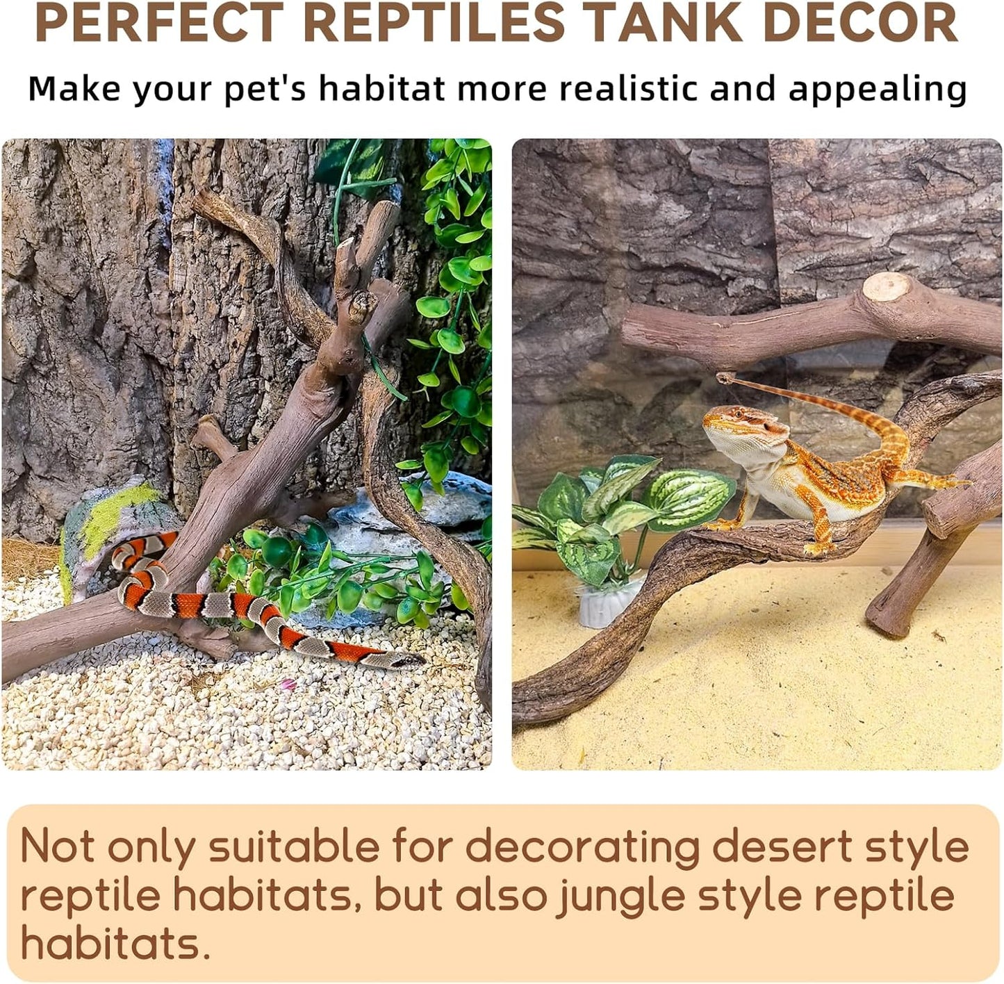 2PCS Reptile Wood Branches Decor,Lizard Habitat Natural Wood Decoration,Snake Climbing Branch Accessories,Terrarium Tree Trunk Ornament for Bearded Dragon Gecko Frog Chameleon Spider