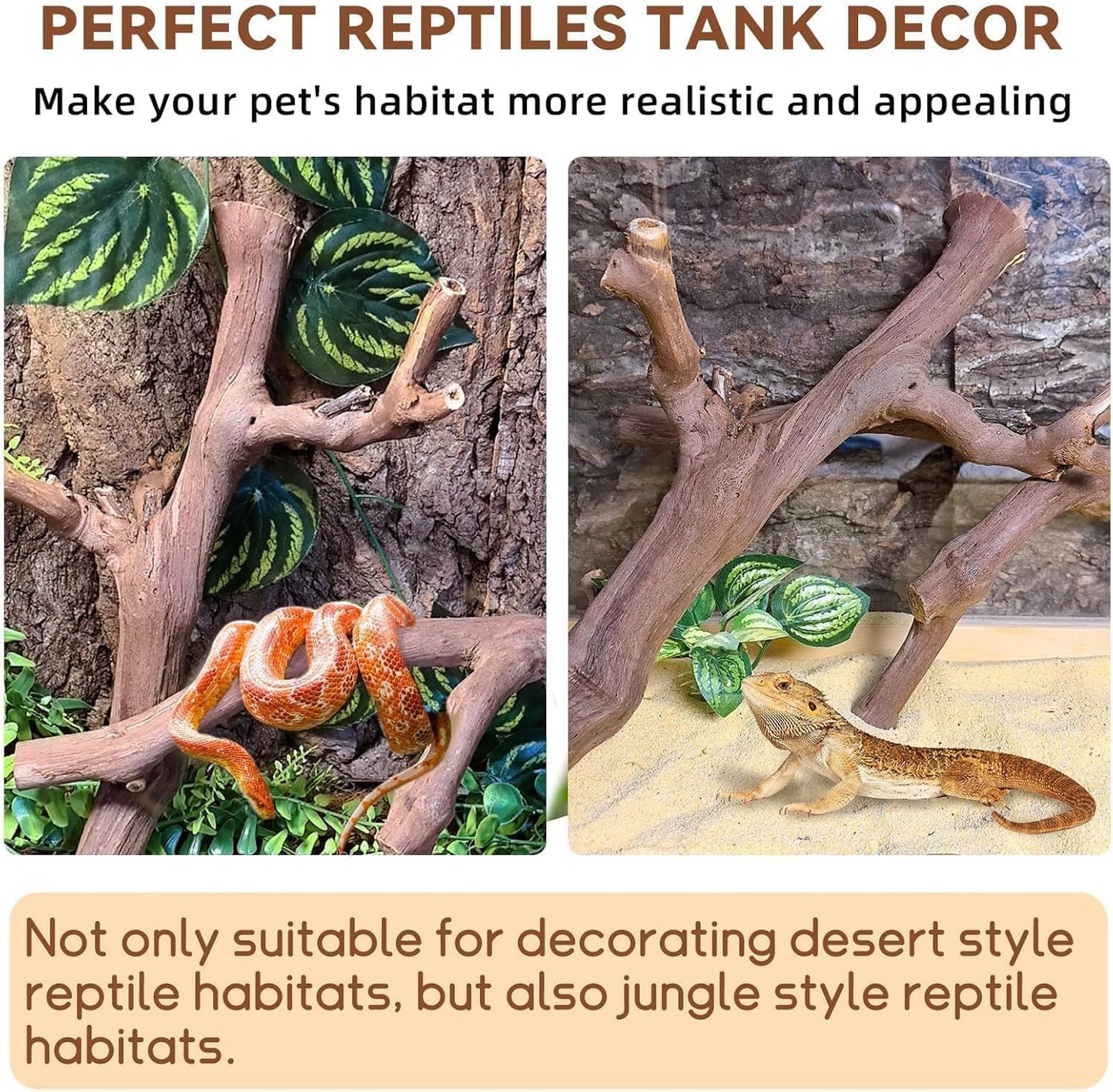 2PCS Reptile Wood Branches Decor,Lizard Habitat Natural Wood Decoration,Snake Climbing Branch Accessories,Terrarium Tree Trunk Ornament for Bearded Dragon Gecko Frog Chameleon Spider
