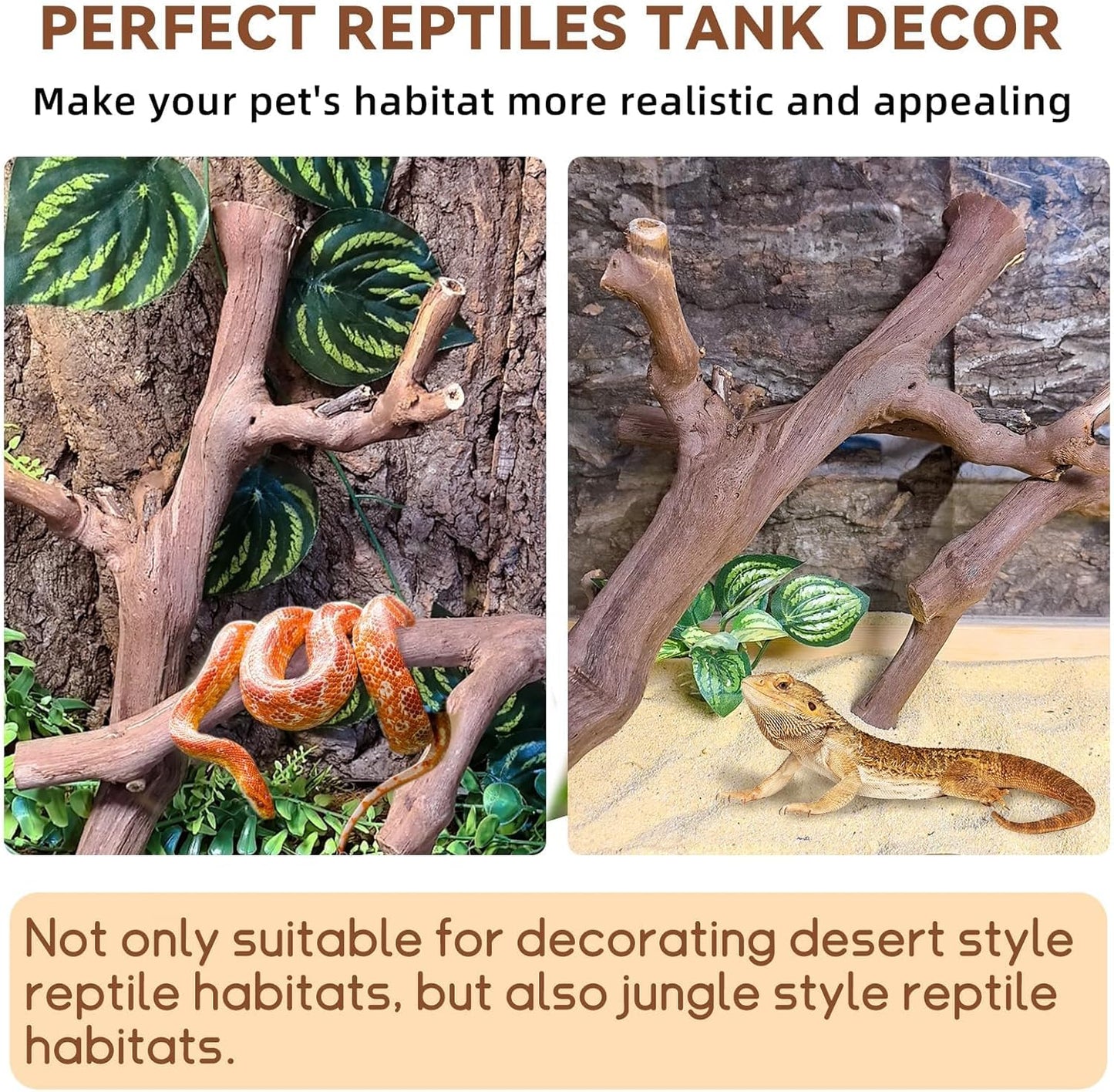 2PCS Reptile Wood Branches Decor,Lizard Habitat Natural Wood Decoration,Snake Climbing Branch Accessories,Terrarium Tree Trunk Ornament for Bearded Dragon Gecko Frog Chameleon Spider