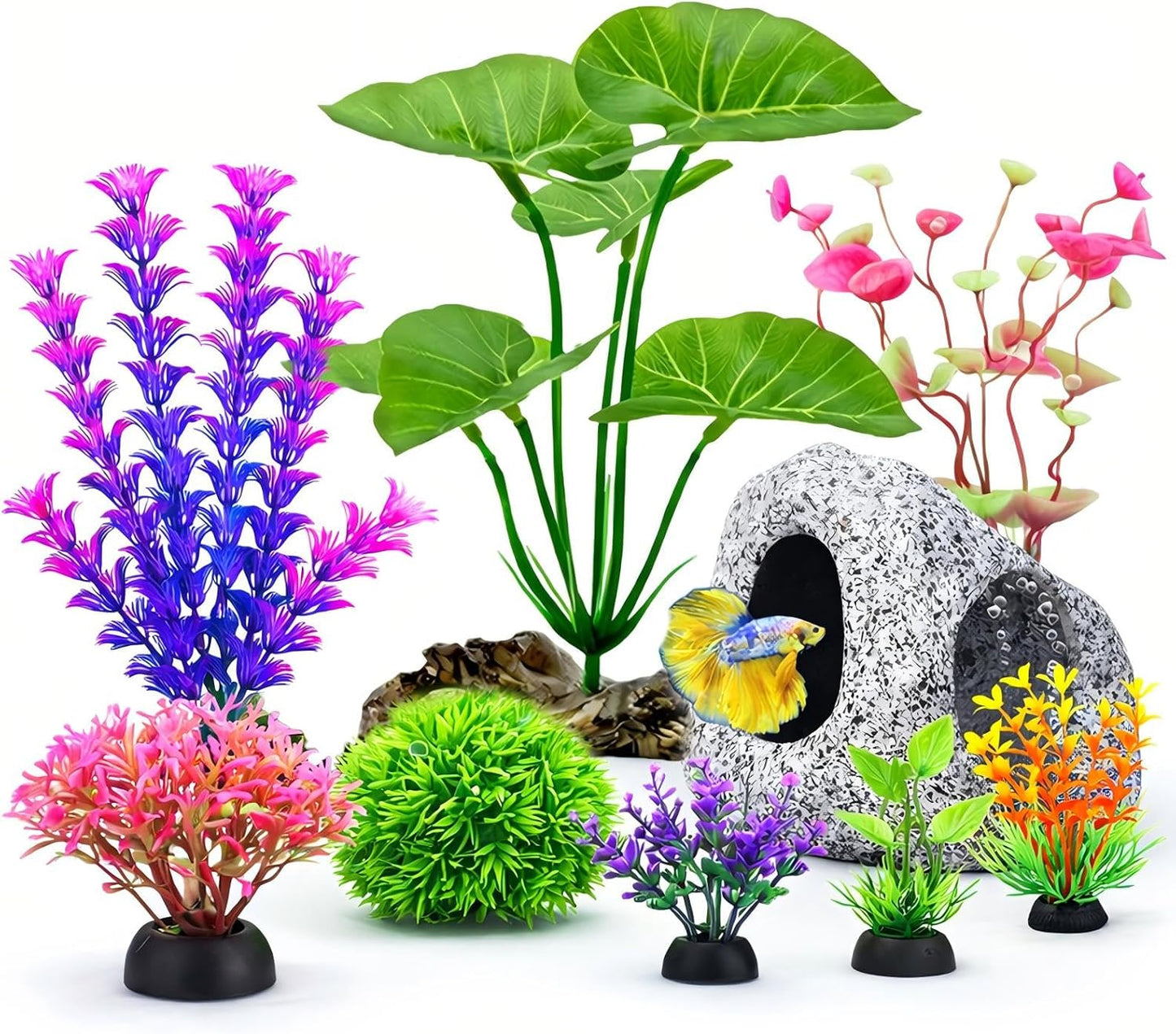 9 Pack Fish Tank Decorations Aquarium Cave Rock, Plastic Plants, Moss Ball | All-in-One Aquarium Decorations Starter Kit, for Resting, Hide &Play, Fits Beta, Goldfish, Cichlid, Small Fish Bowl Decor