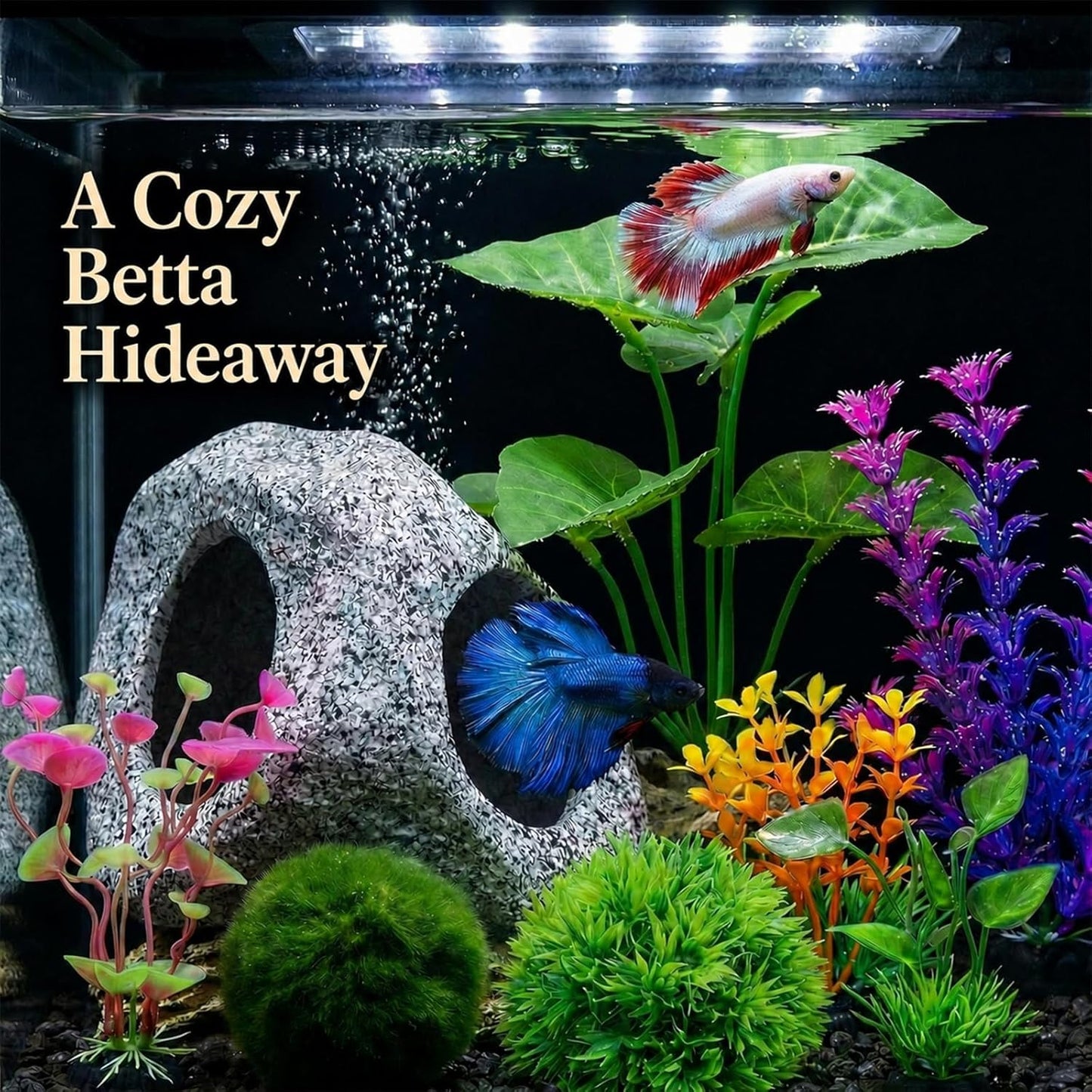 9 Pack Fish Tank Decorations Aquarium Cave Rock, Plastic Plants, Moss Ball | All-in-One Aquarium Decorations Starter Kit, for Resting, Hide &Play, Fits Beta, Goldfish, Cichlid, Small Fish Bowl Decor