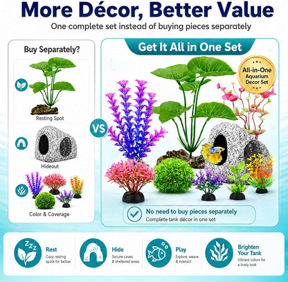 9 Pack Fish Tank Decorations Aquarium Cave Rock, Plastic Plants, Moss Ball | All-in-One Aquarium Decorations Starter Kit, for Resting, Hide &Play, Fits Beta, Goldfish, Cichlid, Small Fish Bowl Decor