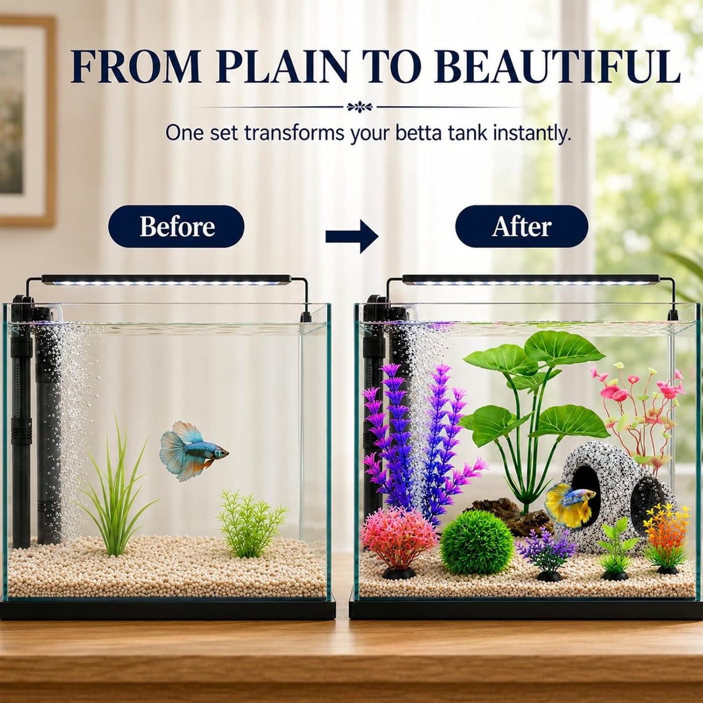 9 Pack Fish Tank Decorations Aquarium Cave Rock, Plastic Plants, Moss Ball | All-in-One Aquarium Decorations Starter Kit, for Resting, Hide &Play, Fits Beta, Goldfish, Cichlid, Small Fish Bowl Decor