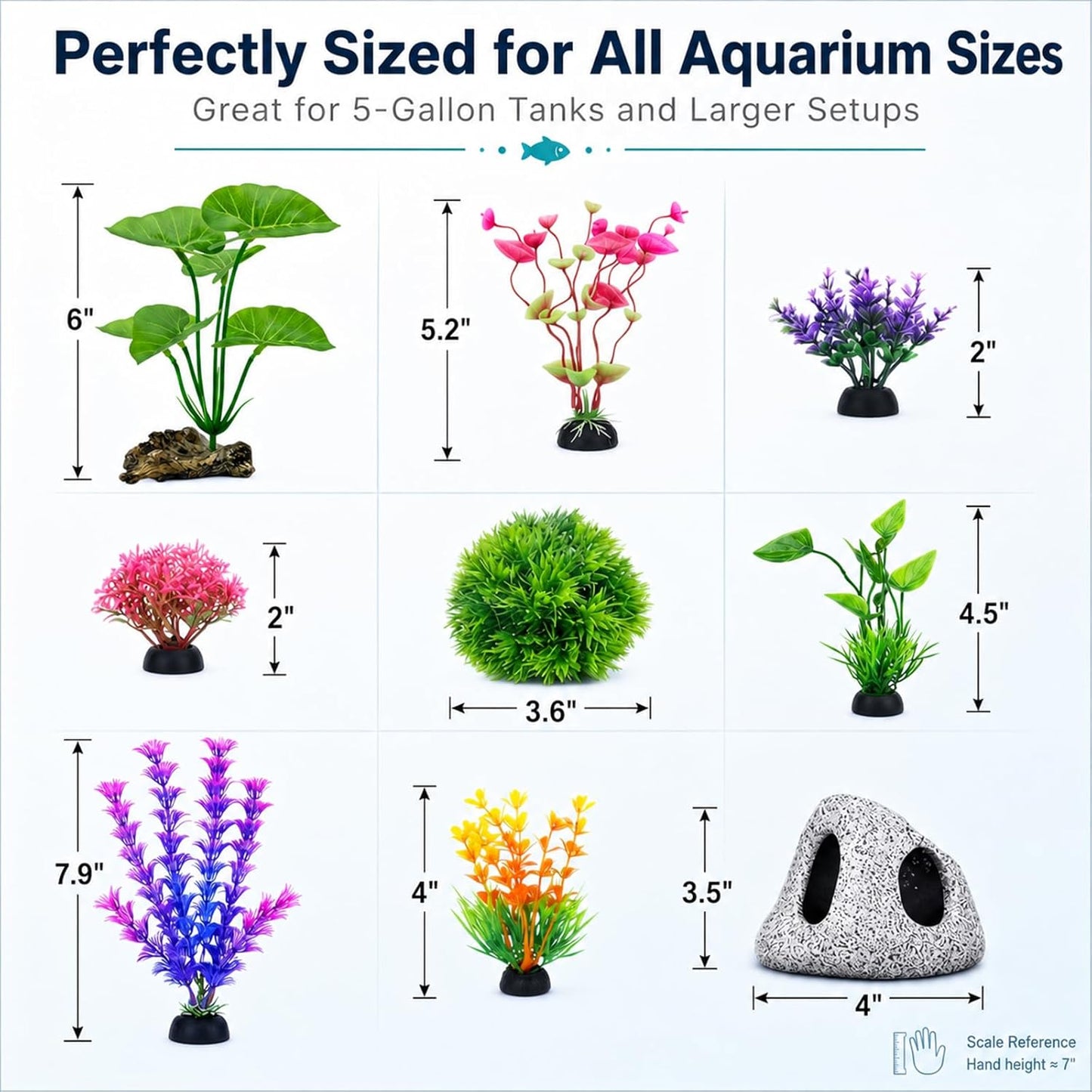 9 Pack Fish Tank Decorations Aquarium Cave Rock, Plastic Plants, Moss Ball | All-in-One Aquarium Decorations Starter Kit, for Resting, Hide &Play, Fits Beta, Goldfish, Cichlid, Small Fish Bowl Decor