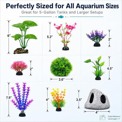 9 Pack Fish Tank Decorations Aquarium Cave Rock, Plastic Plants, Moss Ball | All-in-One Aquarium Decorations Starter Kit, for Resting, Hide &Play, Fits Beta, Goldfish, Cichlid, Small Fish Bowl Decor