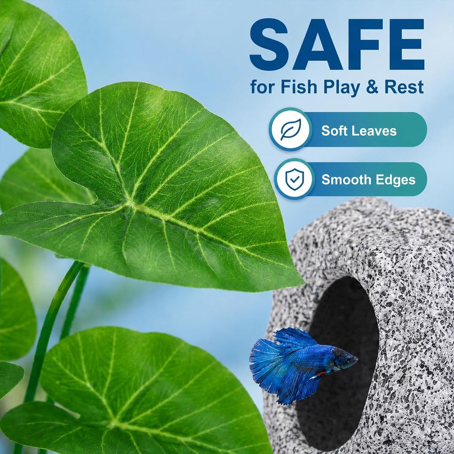 9 Pack Fish Tank Decorations Aquarium Cave Rock, Plastic Plants, Moss Ball | All-in-One Aquarium Decorations Starter Kit, for Resting, Hide &Play, Fits Beta, Goldfish, Cichlid, Small Fish Bowl Decor