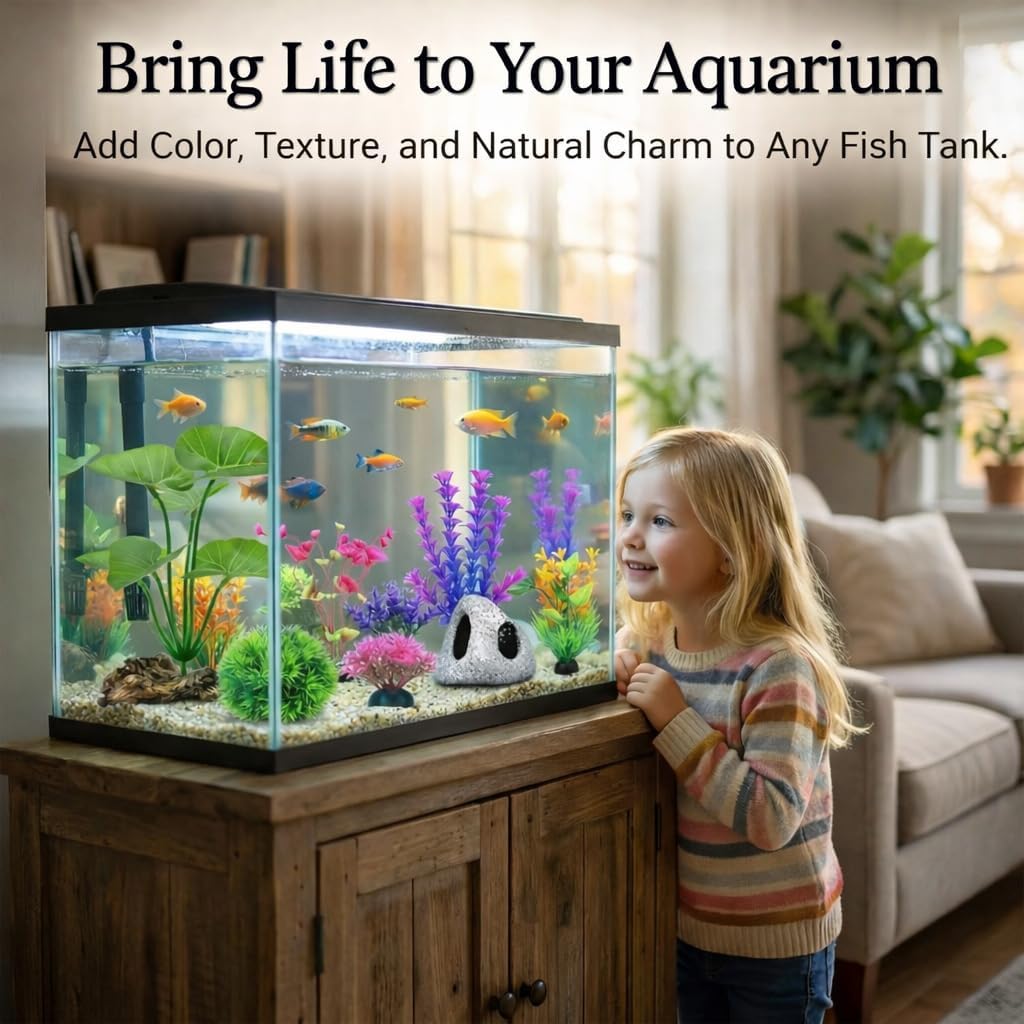 9 Pack Fish Tank Decorations Aquarium Cave Rock, Plastic Plants, Moss Ball | All-in-One Aquarium Decorations Starter Kit, for Resting, Hide &Play, Fits Beta, Goldfish, Cichlid, Small Fish Bowl Decor